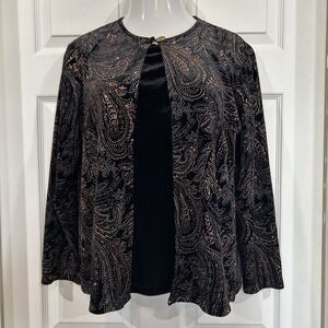 Notations Black & Copper Faux Twinset Velour Sweater Stretch Knit Sparkle XL
